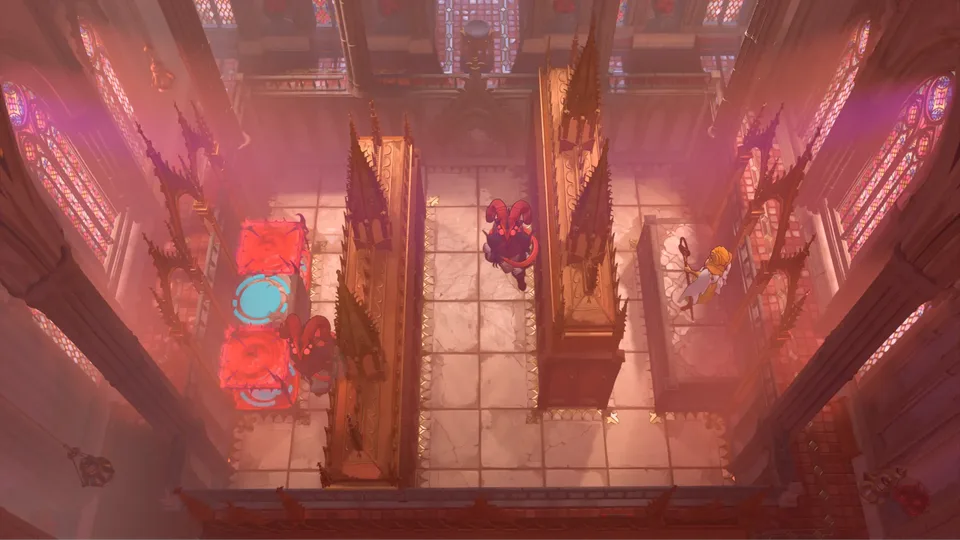 Overhead view of an ornate cathedral puzzle hall in Order of the Sinking Star, with stained-glass windows, red beams and characters standing on coloured floor tiles