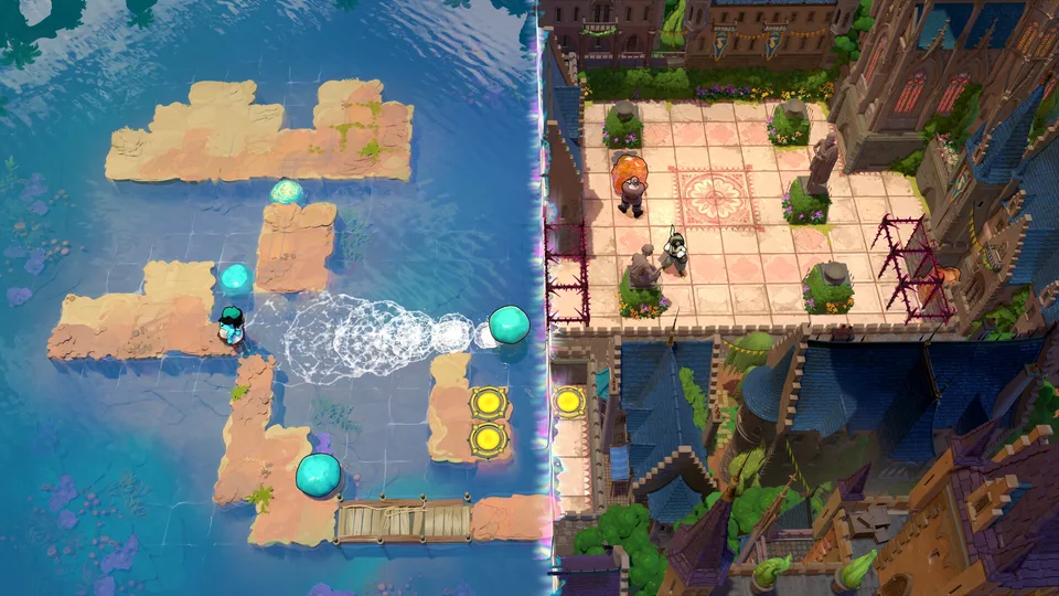 Split view of a water crossing and a town rooftop puzzle in Order of the Sinking Star, showing stone platforms and characters