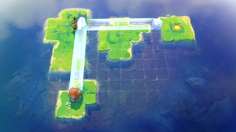 A wide beam of light bridging green islands over blue water in Order of the Sinking Star, with a mirror and an orange goal ring
