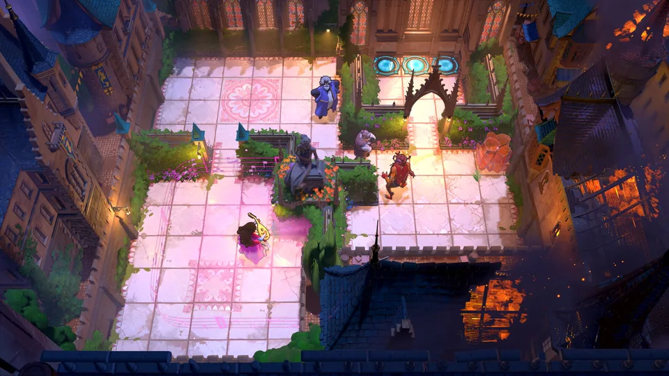 Overhead view of a town square puzzle in Order of the Sinking Star, with several heroes standing on pink tiled floor beside stone archways