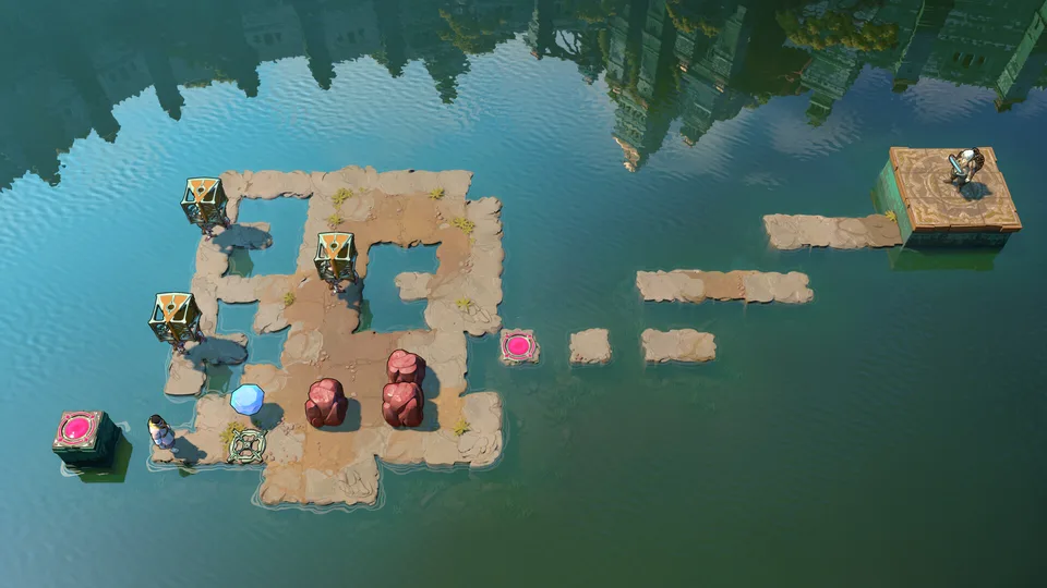 Heroes standing on sand-coloured floor tiles surrounded by water in Order of the Sinking Star, with boulders and gem objects