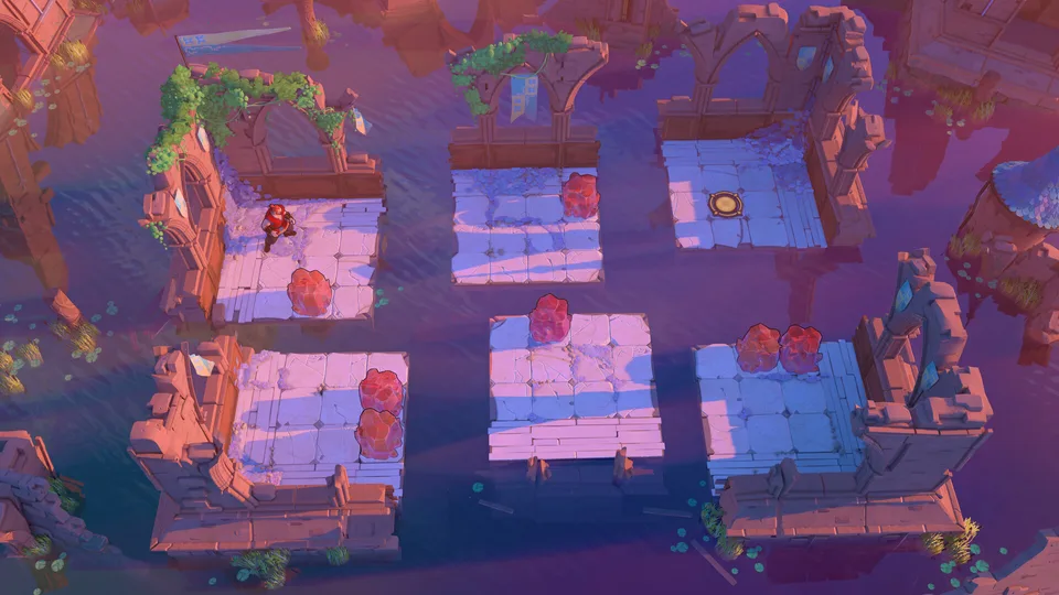 Purple rooftops with red gem puzzle objects and a hero on a tiled platform in Order of the Sinking Star