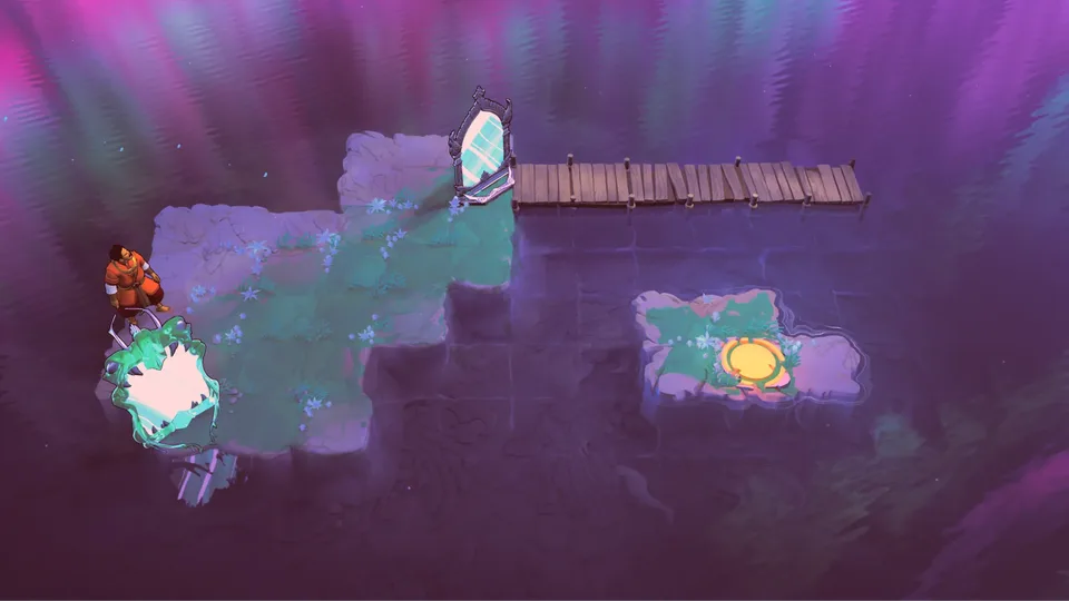 A hero in orange standing on a rocky outcrop above purple water in Order of the Sinking Star, with a mirror frame, a wooden bridge and a lily pad marked by a glowing ring