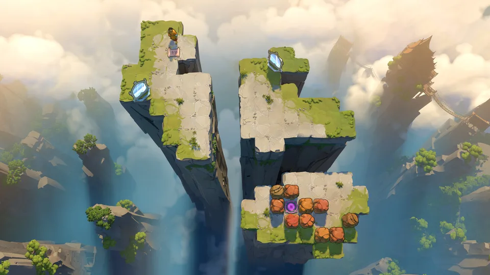 Floating sky islands linked by bridges in Order of the Sinking Star, with heroes, blue crystals and orange puzzle objects