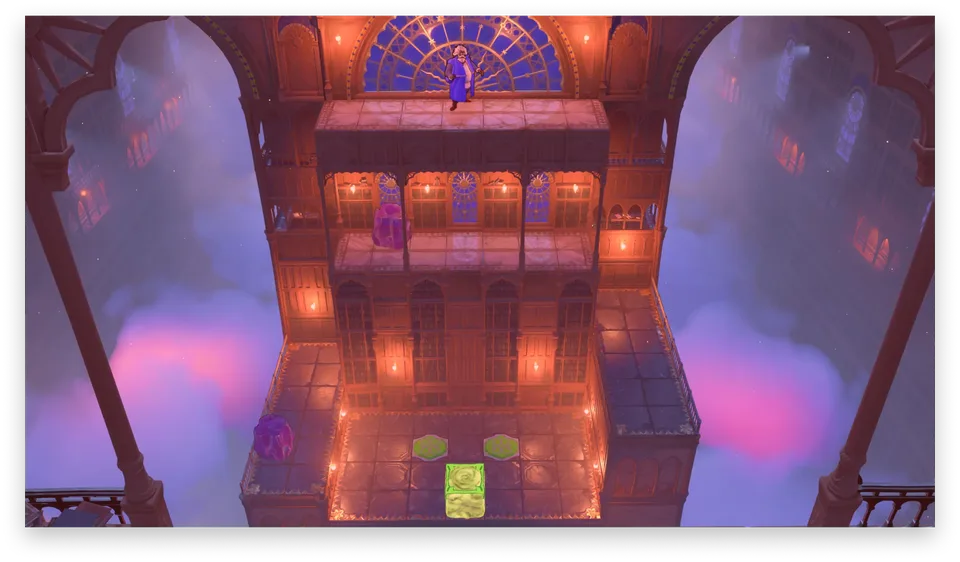 A robed hero standing on a tall tiered tower of tiled platforms surrounded by purple clouds in Order of the Sinking Star